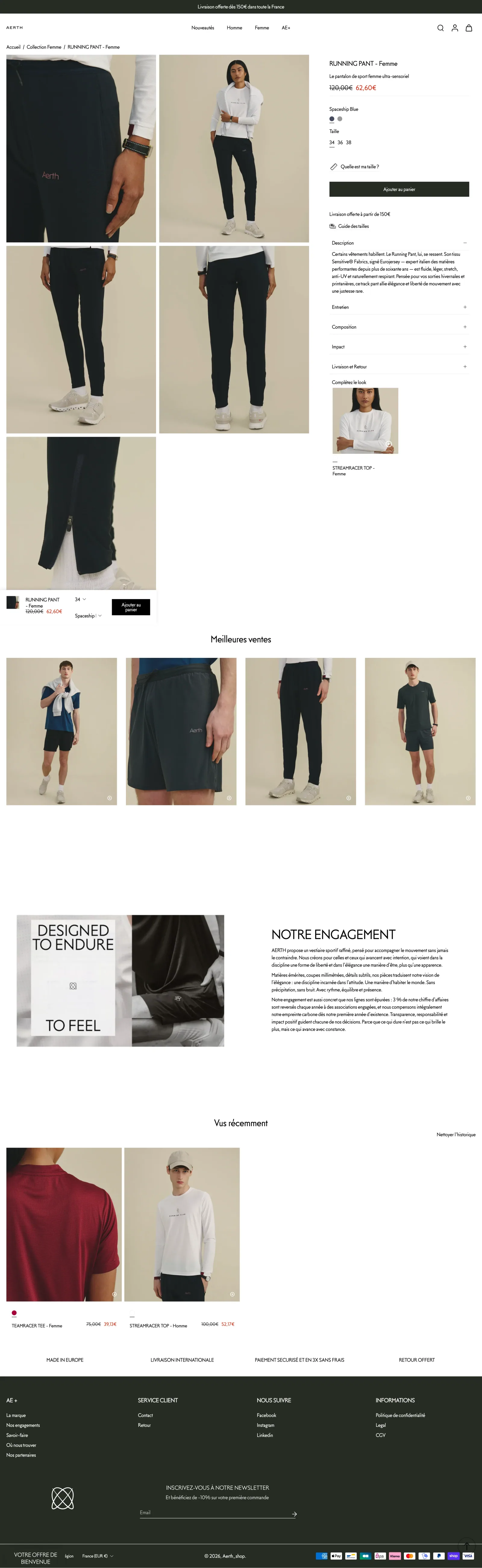 Page produit Aerth — thème Shopify entièrement refondu avec variantes sur-mesure