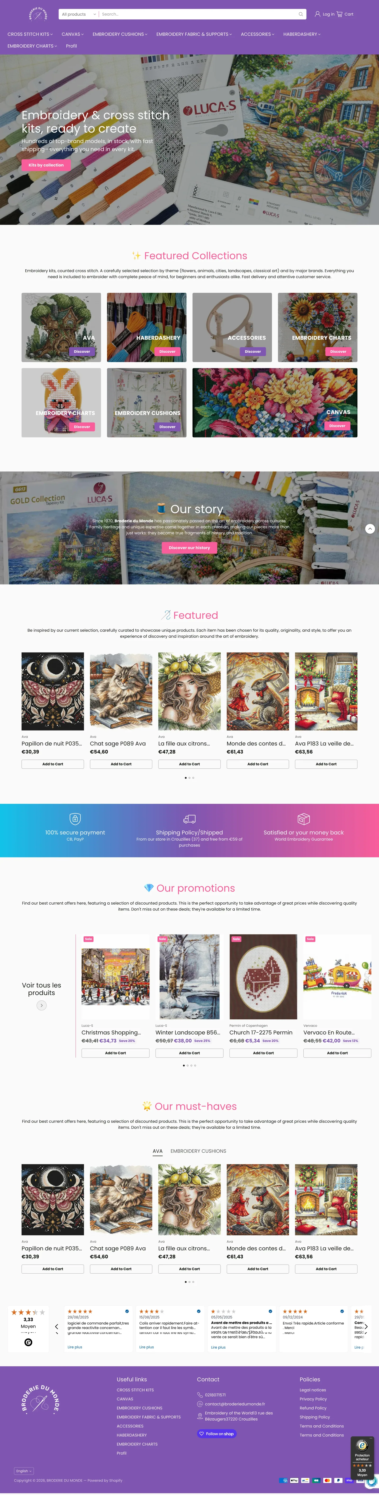 Page d'accueil Broderie du Monde — refonte complète et migration PrestaShop vers Shopify