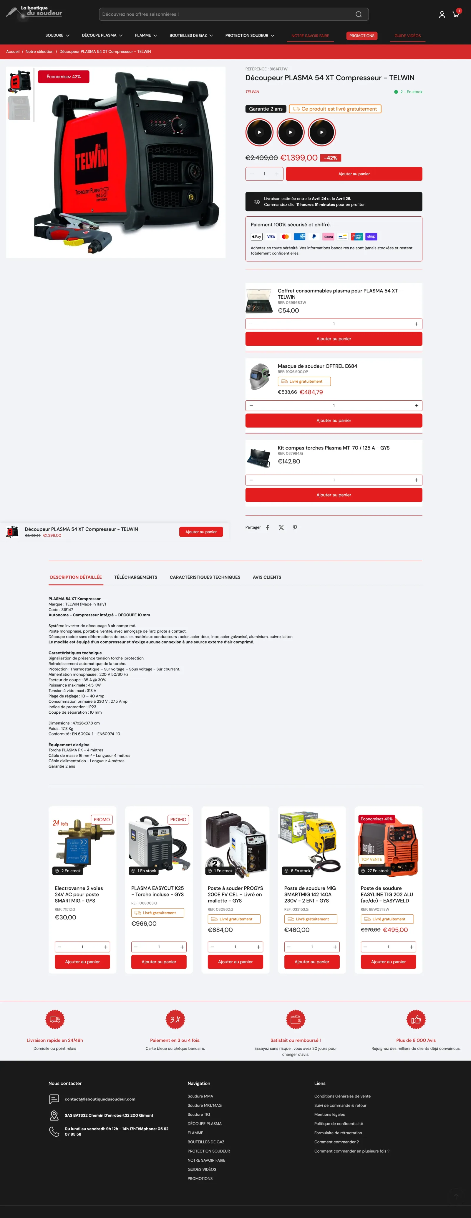 Fiche produit La Boutique du Soudeur — boutique Shopify après migration Magento avec synchronisation ERP Wavesoft