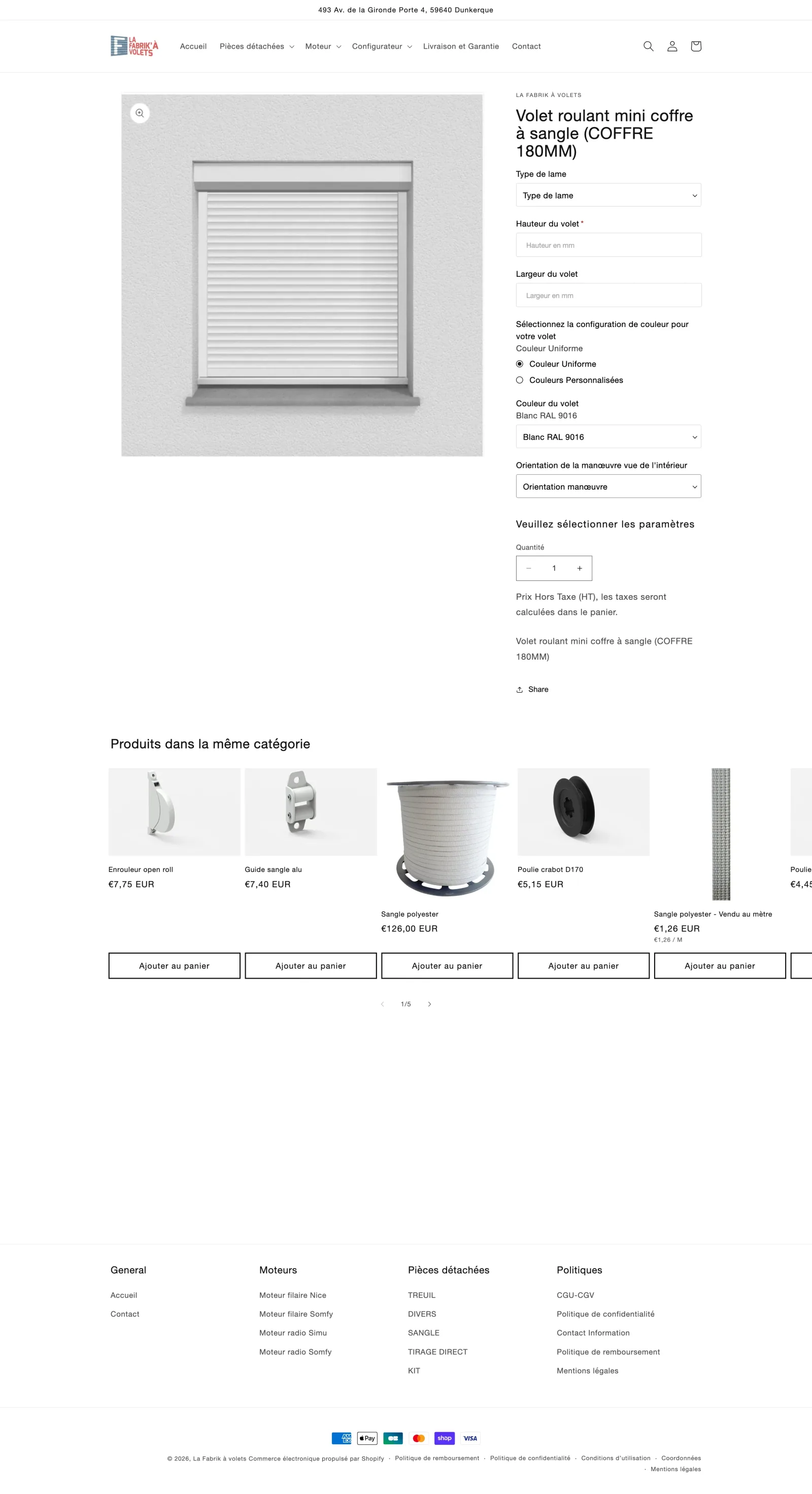 Interface du configurateur de volets La Fabrik à Volets — sélection des dimensions et options avec calcul de prix automatique