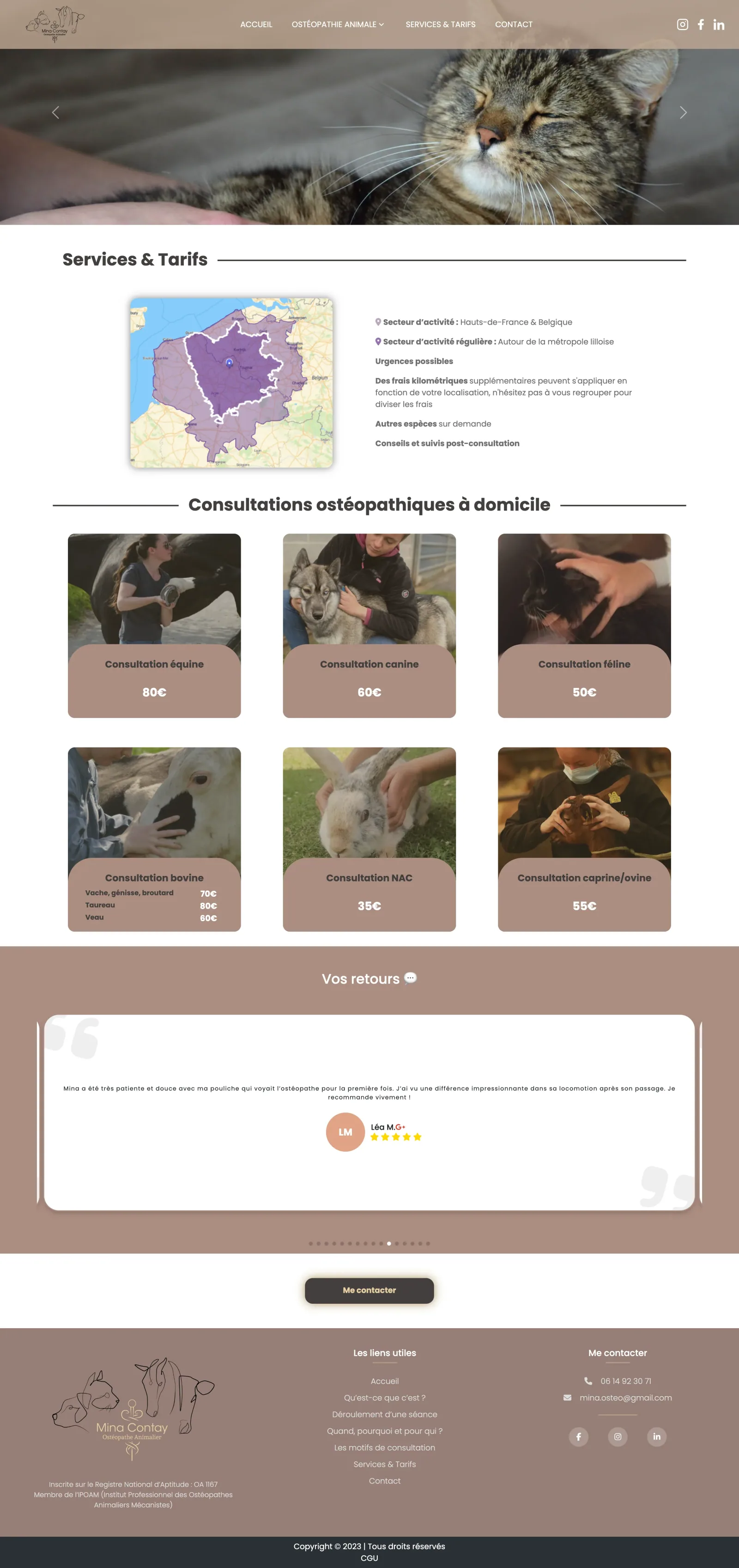Page de présentation des soins Ostéopathe Animalier Minacontay — site vitrine avec présentation des consultations